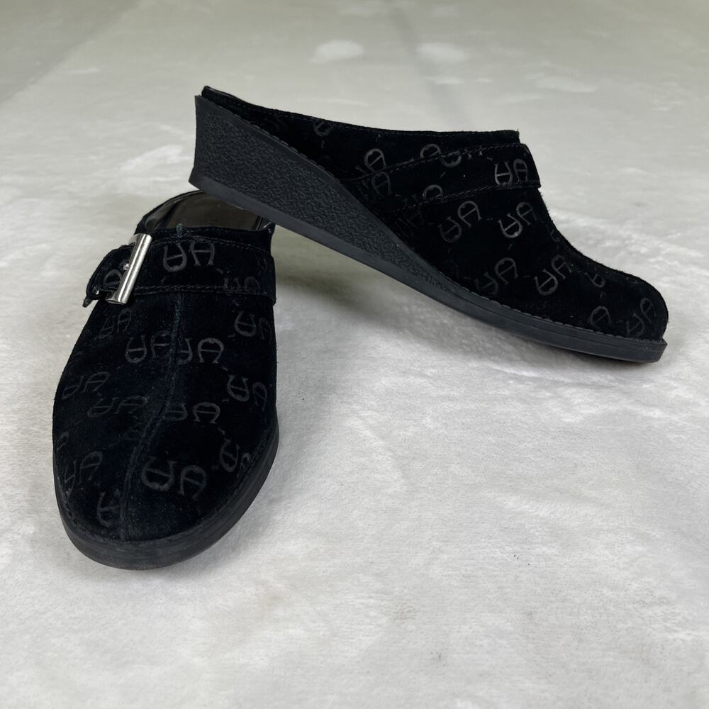 Etienne Aigner Womens Sz 6.5M Fontana Black Suede Horseshoe Clog Wedge Mule